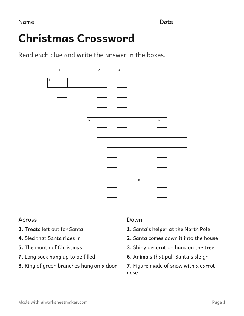 Christmas Crossword, Medium level, 3rd grade: printable worksheet