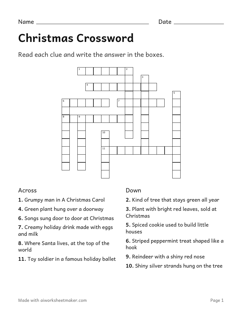 Christmas Crossword, Hard level, 4th–5th grade: printable worksheet