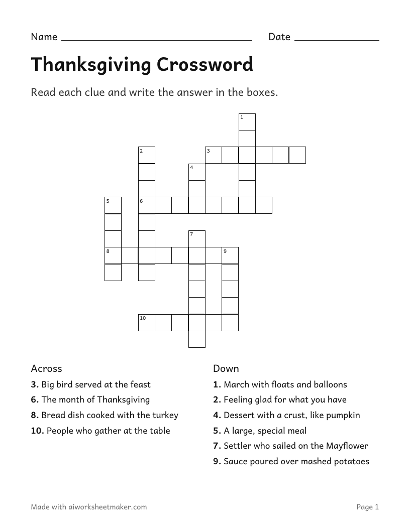 Thanksgiving Crossword, Medium level, 3rd grade: printable worksheet