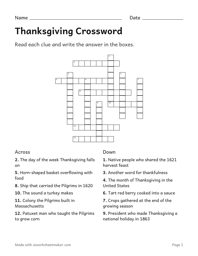 Thanksgiving Crossword, Hard level, 4th–5th grade: printable worksheet