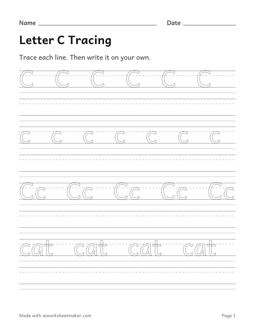 Letter C Tracing: printable worksheet