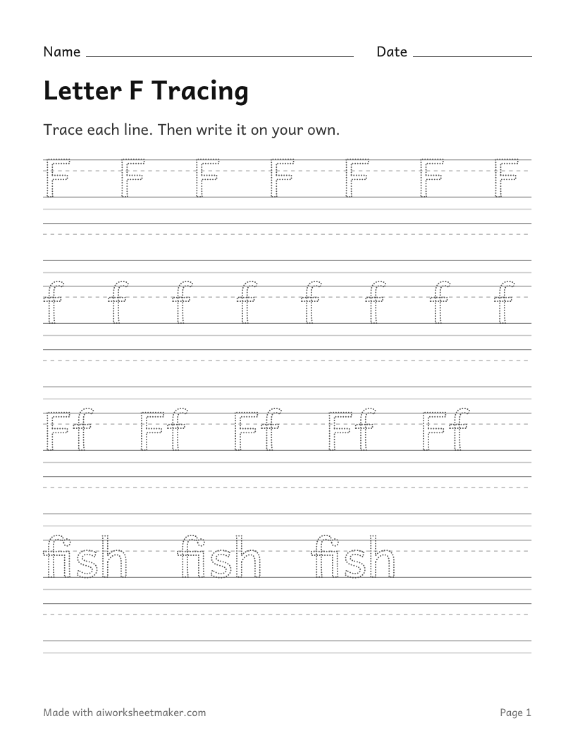 Letter F Tracing: printable worksheet