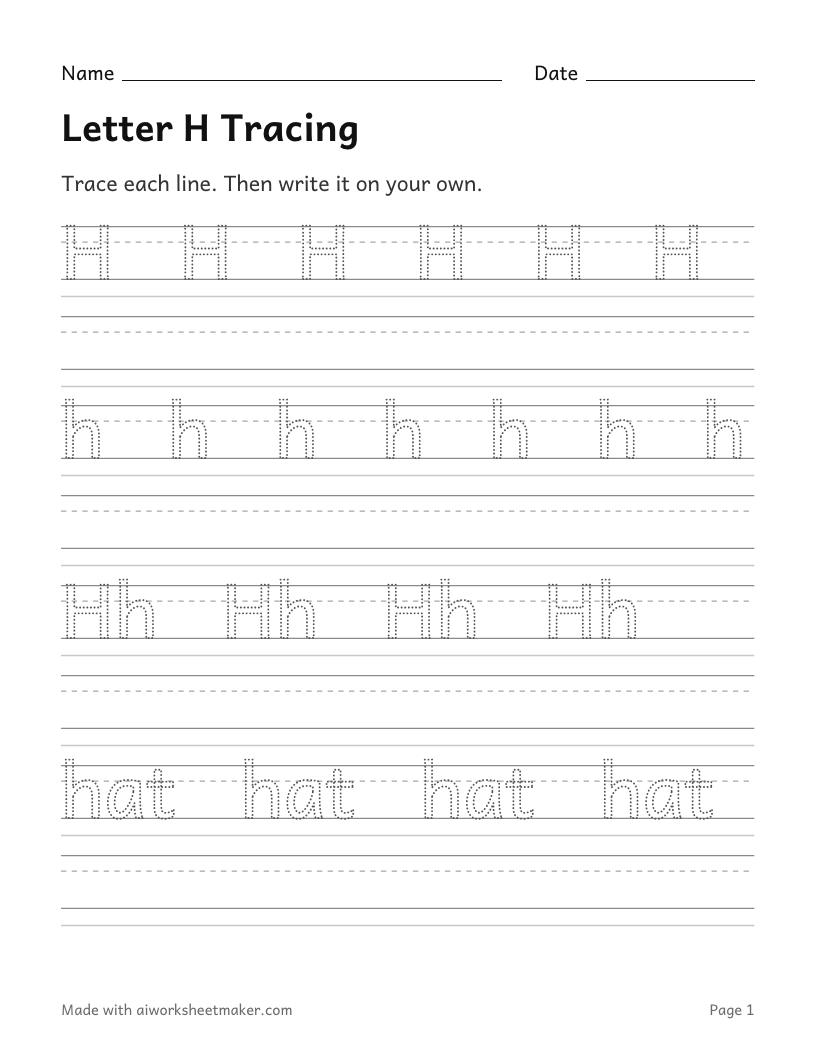 Letter H Tracing: printable worksheet
