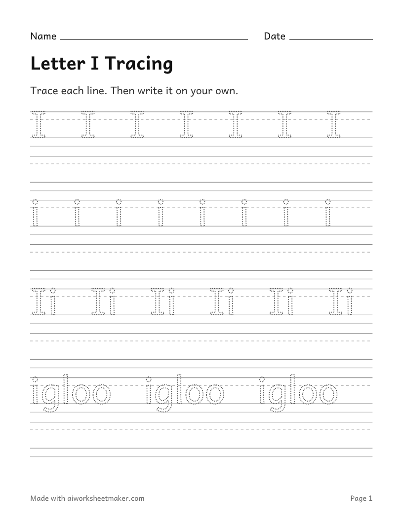 Letter I Tracing: printable worksheet