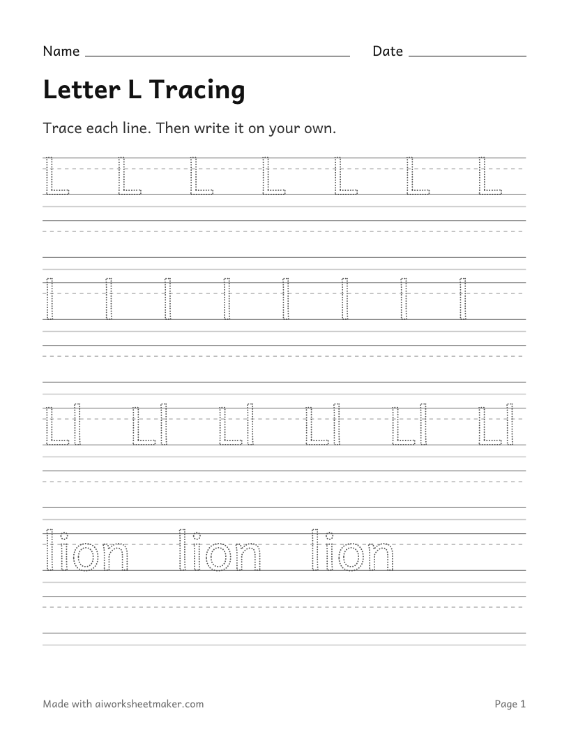 Letter L Tracing: printable worksheet