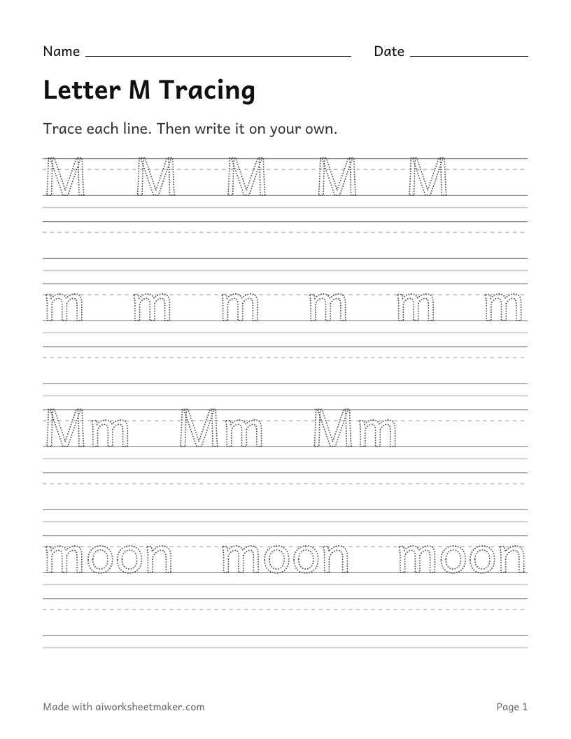 Letter M Tracing: printable worksheet