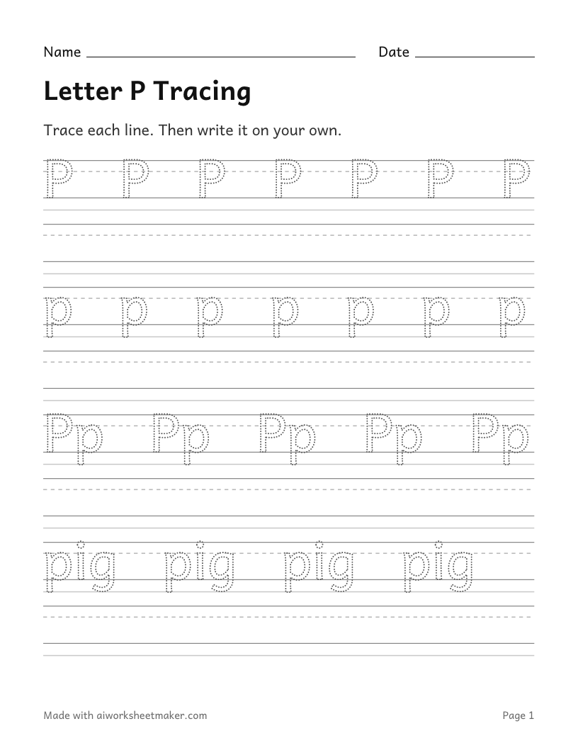 Letter P Tracing: printable worksheet