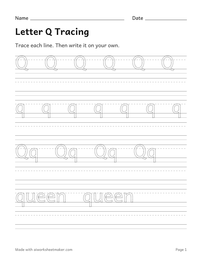 Letter Q Tracing: printable worksheet