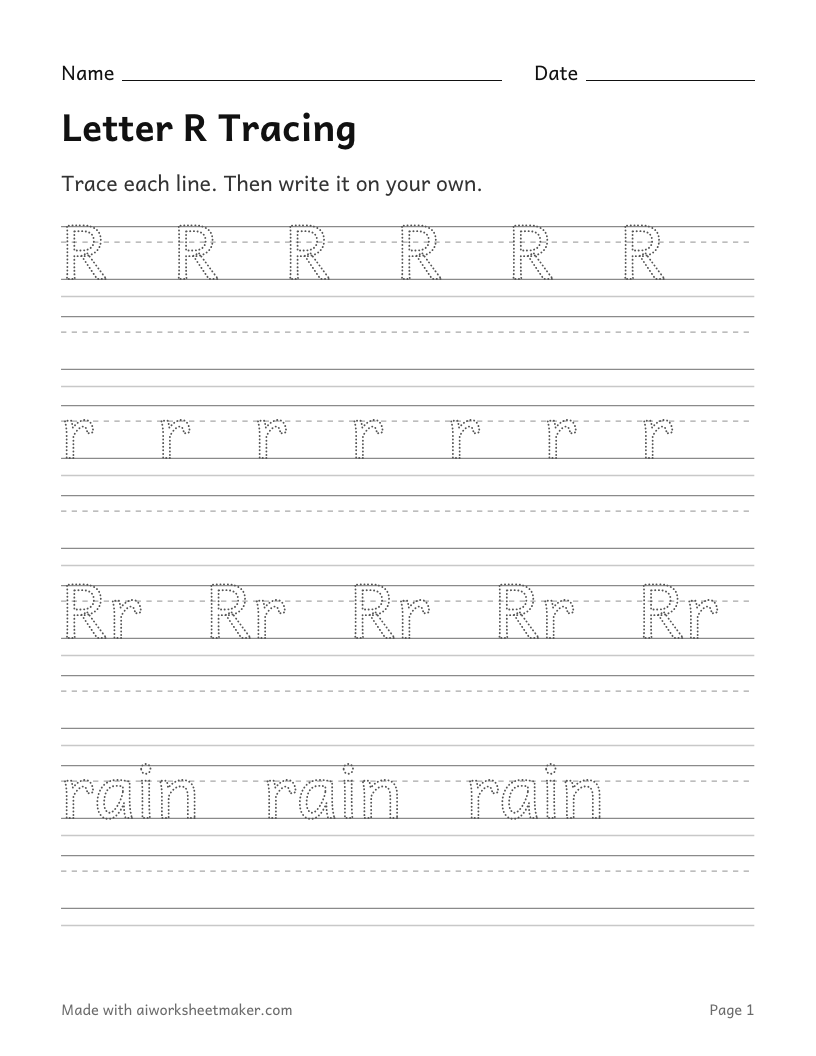 Letter R Tracing: printable worksheet