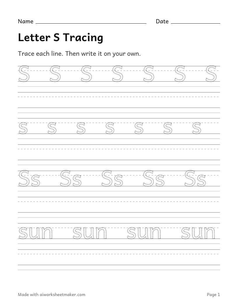 Letter S Tracing: printable worksheet