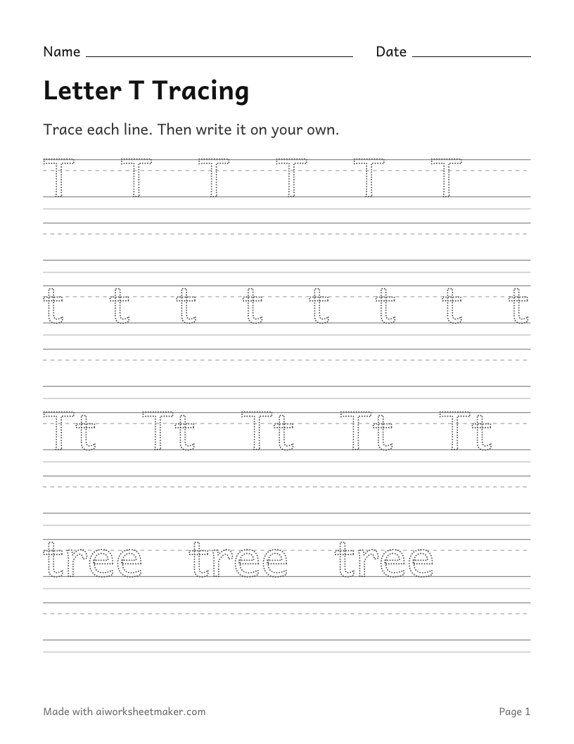 Letter T Tracing: printable worksheet