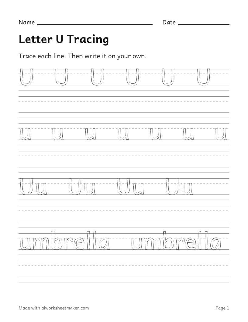 Letter U Tracing: printable worksheet
