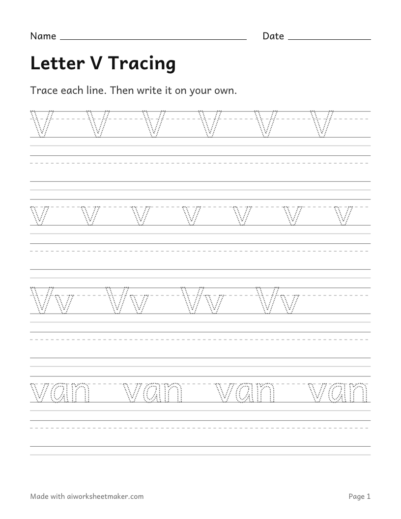 Letter V Tracing: printable worksheet