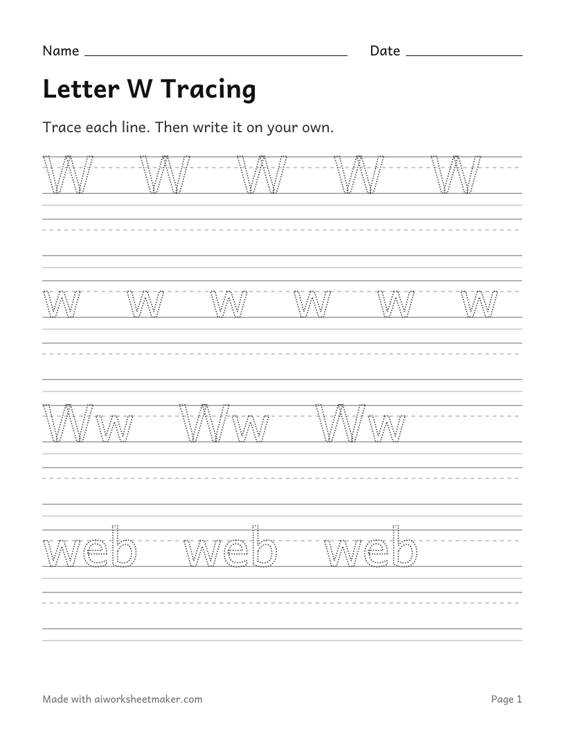 Letter W Tracing: printable worksheet