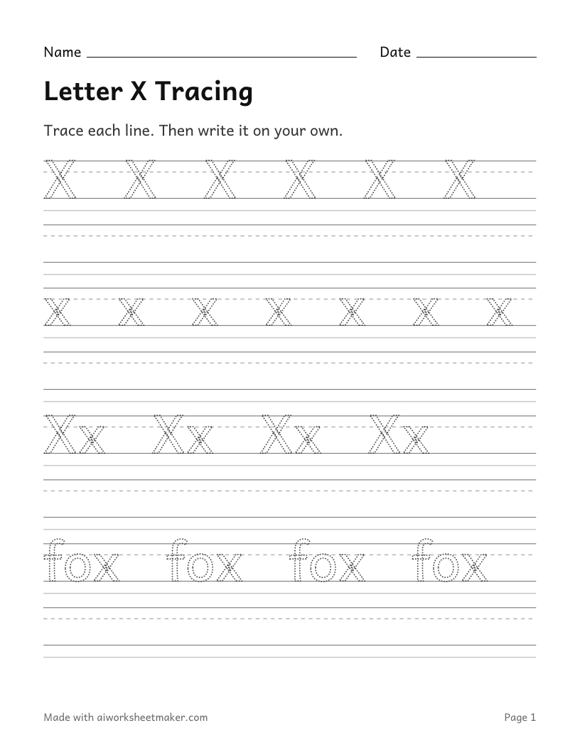 Letter X Tracing: printable worksheet