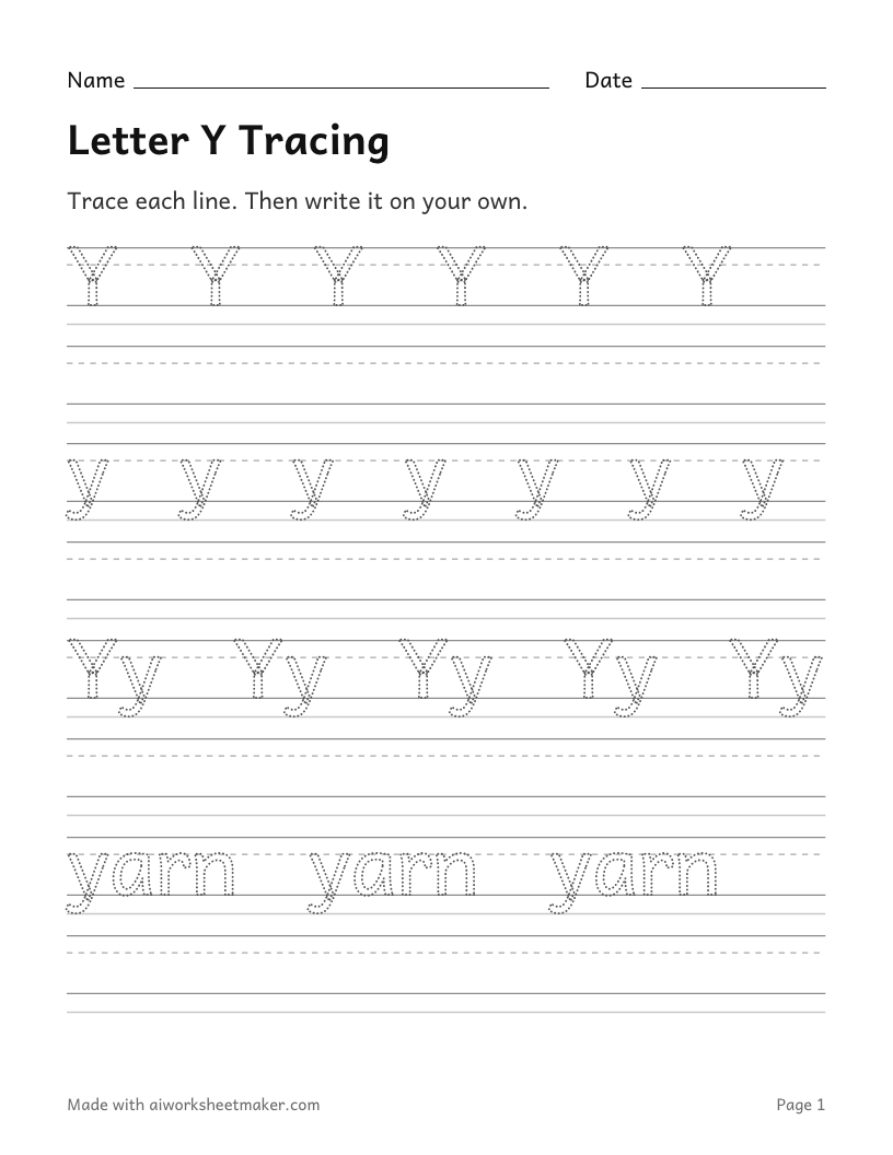 Letter Y Tracing: printable worksheet