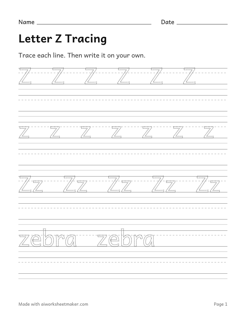 Letter Z Tracing: printable worksheet
