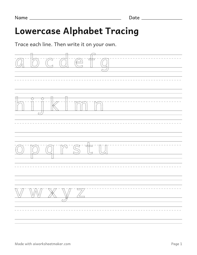Lowercase Alphabet Tracing: printable worksheet