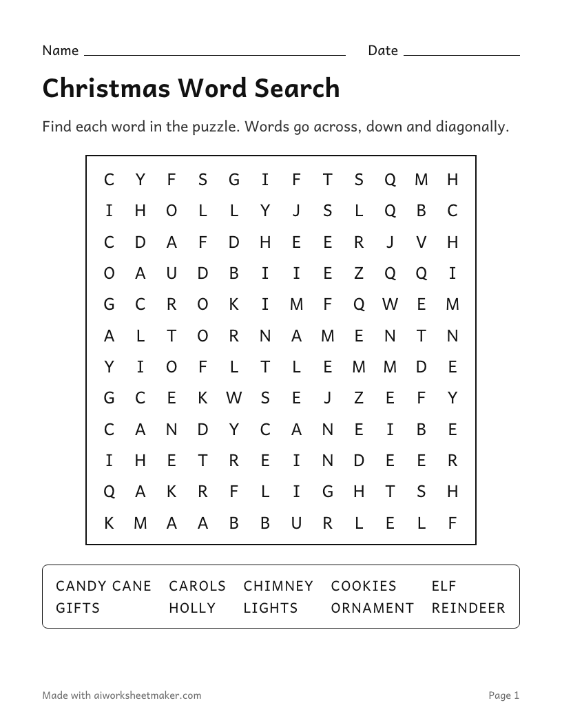Christmas Word Search, Medium level, 2nd–3rd grade: printable worksheet