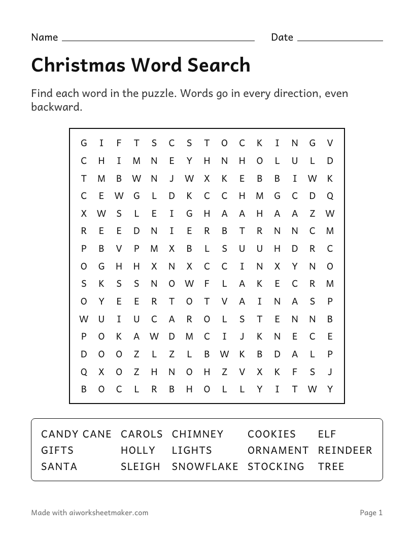 Christmas Word Search, Hard level, 4th–5th grade: printable worksheet