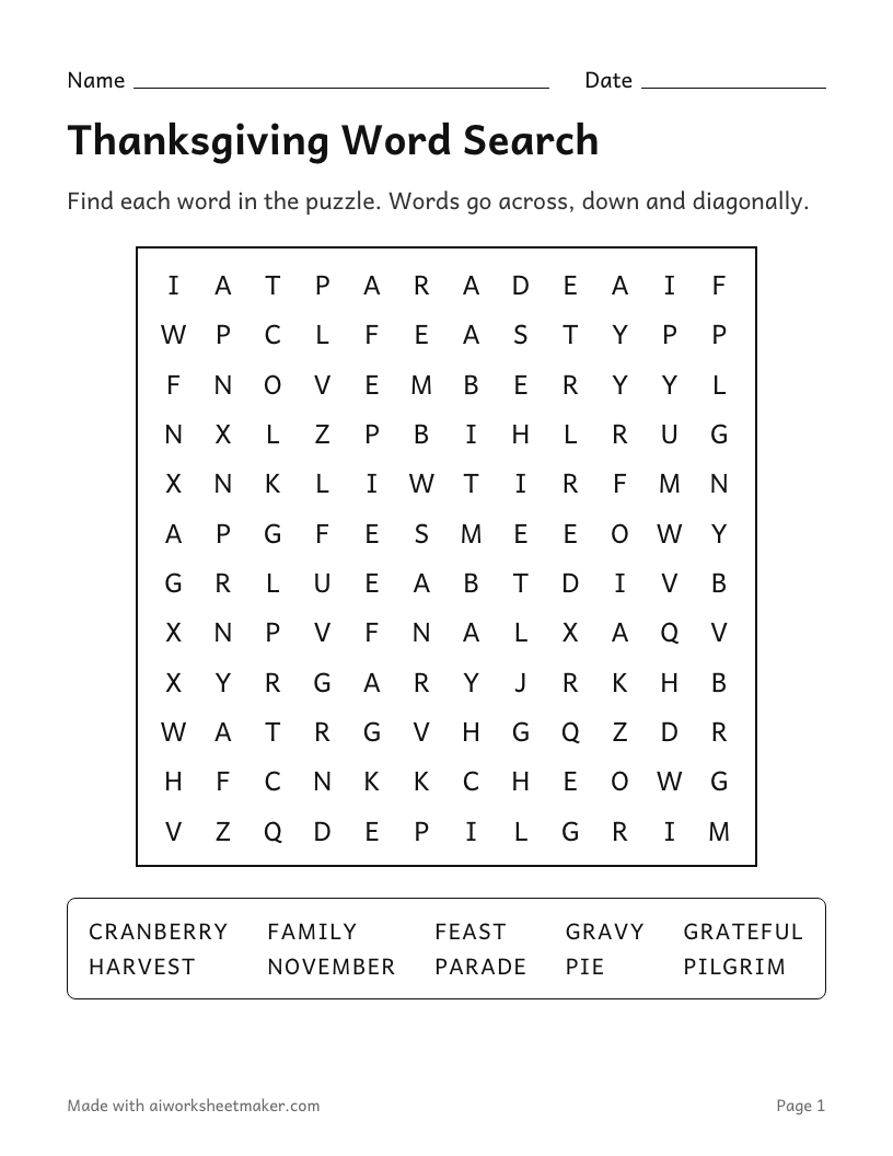 Thanksgiving Word Search, Medium level, 2nd–3rd grade: printable worksheet