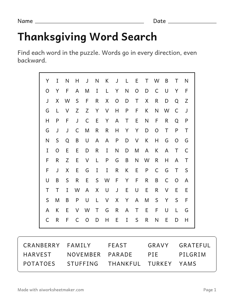 Thanksgiving Word Search, Hard level, 4th–5th grade: printable worksheet