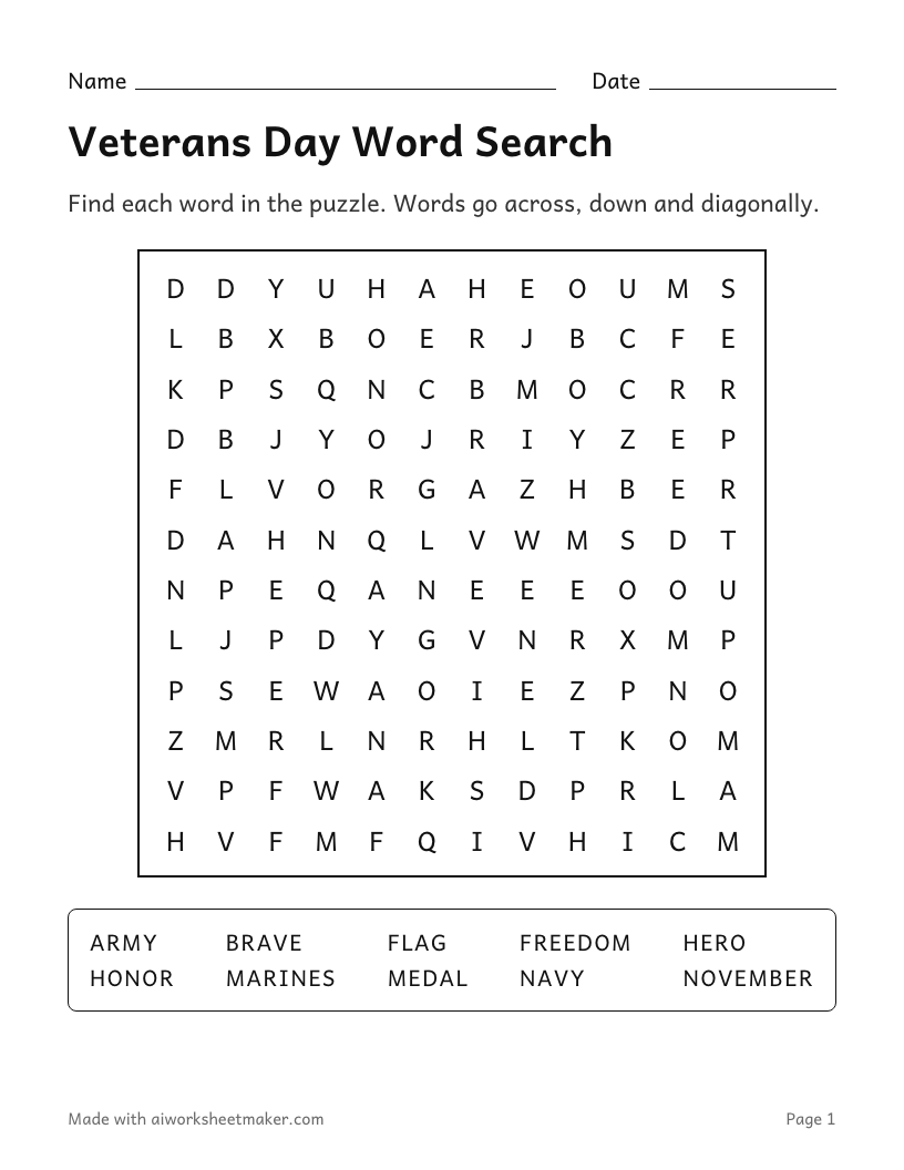 Veterans Day Word Search, Medium level, 2nd–3rd grade: printable worksheet