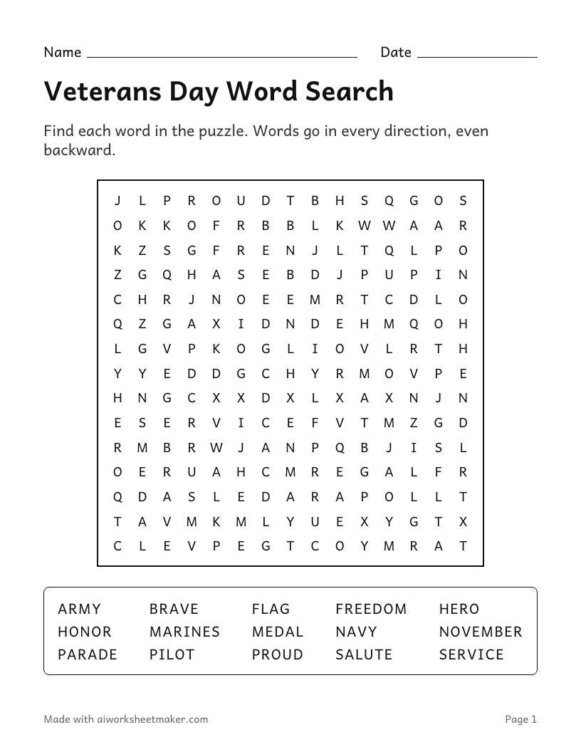 Veterans Day Word Search, Hard level, 4th–5th grade: printable worksheet