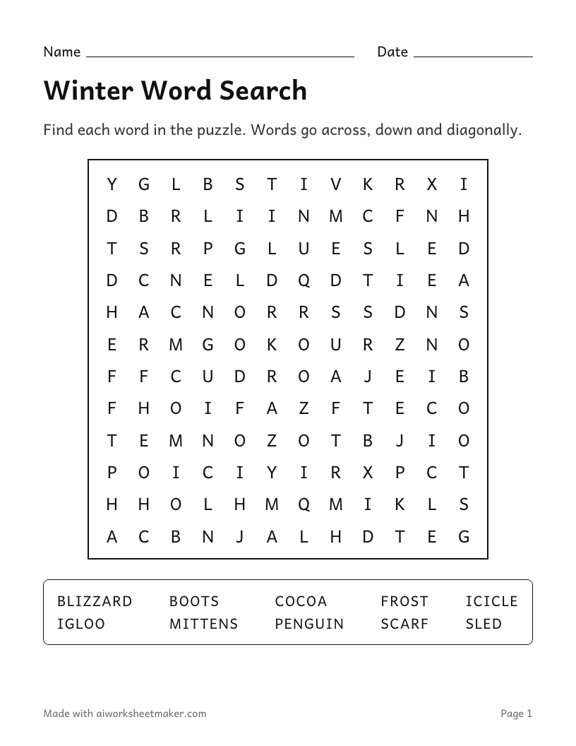 Winter Word Search, Medium level, 2nd–3rd grade: printable worksheet