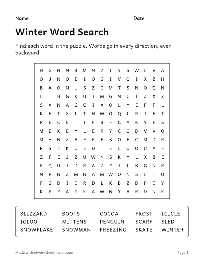 Winter Word Search, Hard level, 4th–5th grade: printable worksheet